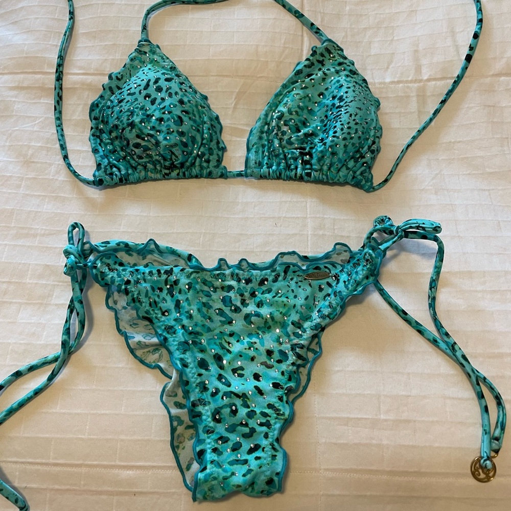 Venus Brazilian swimsuit, aqua and black with bling, Size medium